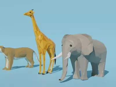 African animals Low Poly Cartoon Giraffe Elephant Lion 3D model