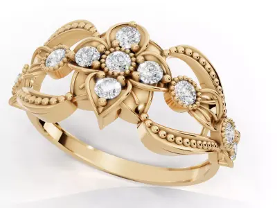 Wide Floral Cluster Ring Art Nouveau Beaded Edges Cad File 3D print model