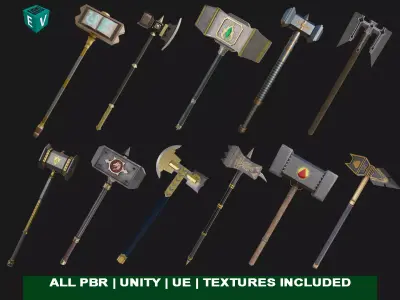 11 Battle Hammers Collection  All PBR Unity UE Textures Included 3D Model Pack