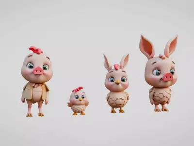 Chibi style farm animals set Low-poly 3D model