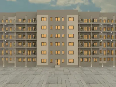 Hotel building with solar panels on roof 3D model