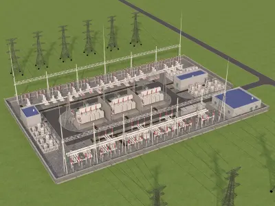 Electrical power substation low-poly 3D model