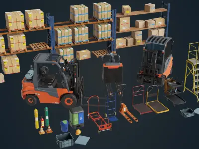 Cargo Pallets and Forklift Trucks Collection All PBR Textures 3D Model Pack