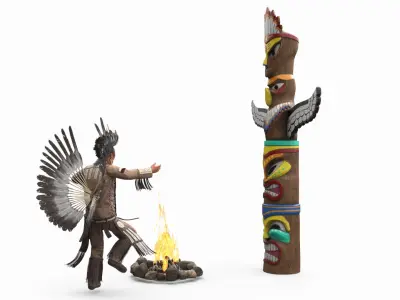  Native American Indian and Totem with Campfire 