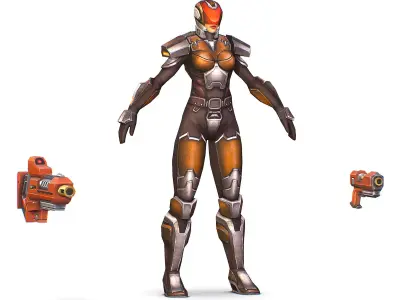 Woman Cyborg Soldier Female with Rifle and Pistol Low-poly 3D model