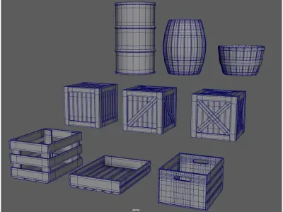 WOODEN BOXES AND BARRELS Low-poly 3D model