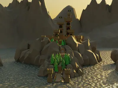 Low poly castle on a rock island Low-poly 3D model