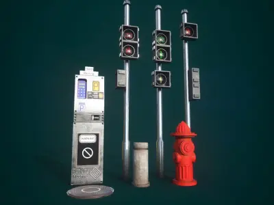 Street and Road Prop Pack  PBR Low Poly Game Ready Low-poly 3D model