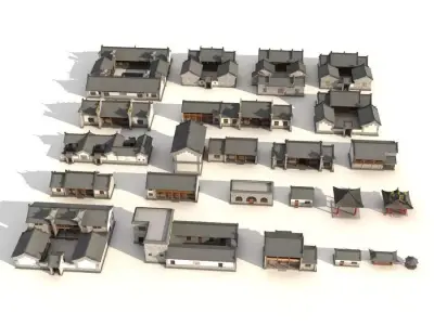 town Chinese style commercial residential buildings 3D model buy