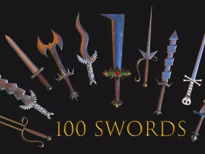 100 SWORDS COLLECTION PACK medieval melee weapons Game Ready FBX Low-poly 3D model