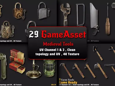 29 Medieval Tools Game-Ready 3D Model Pack