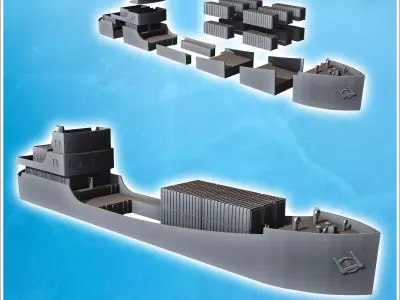 Modern cargo ship with set of containers in central forward posi 3D print model