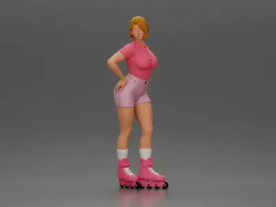 Roller skater strikes pose in pink shirt shorts and skates 3D print model