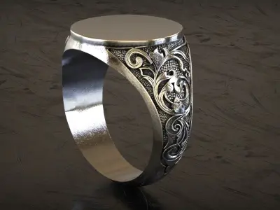 Plain Gold Top Signet Ring with Side Pattern  3D print model