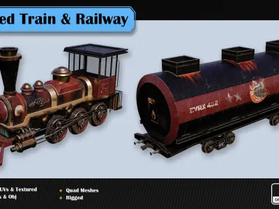 Rigged Train and Procedural Railway Low-poly 3D model
