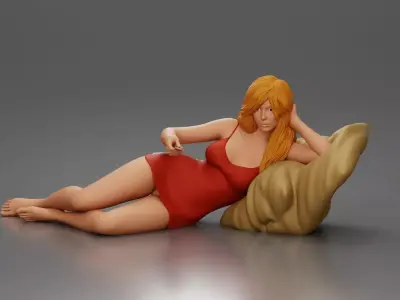 Woman lounges pillow watching holding remote wearing slip dress 3D print model