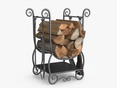 Fireplace Tools with Pile of Wood Low-poly 3D model