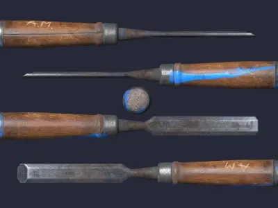 Chisel three woodworking tools Low-poly 3D model
