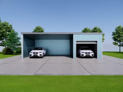 Modern Double Garage with Carport-Metal Shed Storage Building 3D model