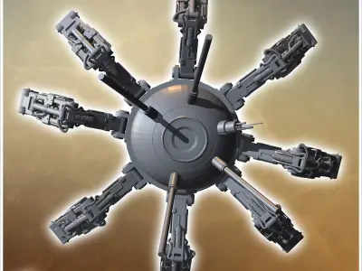 Robotic spider-like machine with multiple articulated legs and a 3D print model