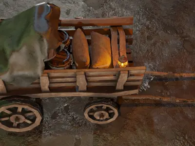 Stylized medieval cart with a lamp and a load Low-poly 3D model purchase