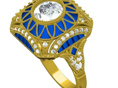 Antique Blue Sapphire Stone Art Deco Inspired Engagement Ring 3D print model