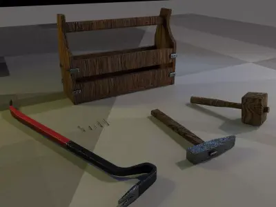 Wooden toolbox and tools Low-poly 3D model