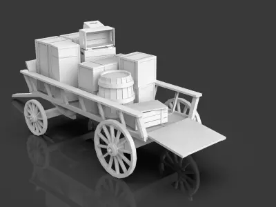 Low Poly Medieval Wagon With Crates - Untextured  Low-poly 3D model