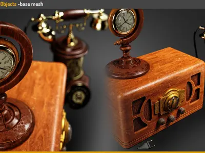 Antique Home Props 3D Pack   Vintage Phone  Radio  and Clock Low-poly 3D model