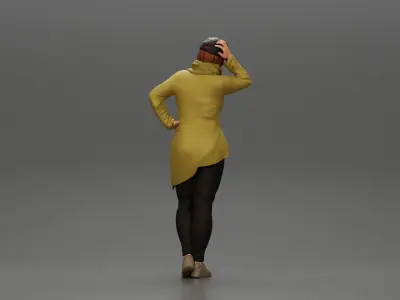 Asian girl in a neck hoodie and cap is standing and thinking 3D print model