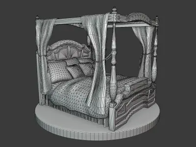 Vintage Bed With Curtains Low-poly 3D model