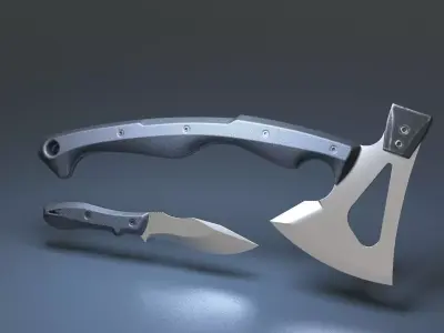 Hunting and combat modern knife and axe pack x2 3D Model Collection