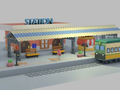 Low Poly Train Station  Low-poly 3D model