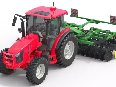 Farm Tractor and Trailed Disc harrow  Low-poly 3D model