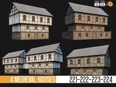 221-222-223-224 Old Medieval Houses Pack 4K Textures Low-poly 3D model