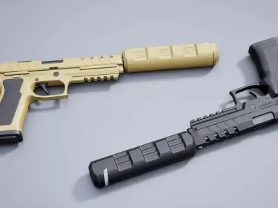 Pistol with silencer Low-poly 3D model