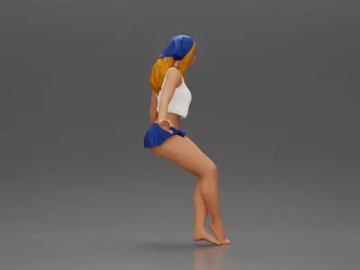 Stylish woman sitting casually in a white top and blue skirt 3D print model