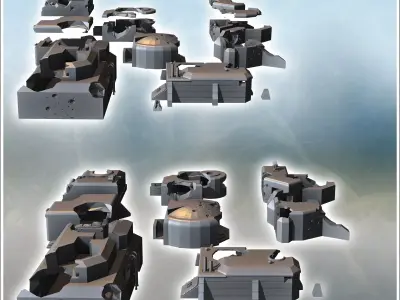 Set of eight damaged modern military bunkers with heavy artiller 3D print model