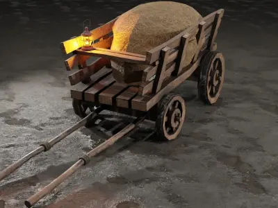 Stylized medieval cart with a lamp and hay Low-poly 3D model purchase