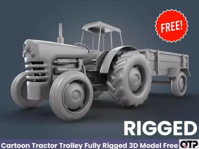 Cartoon Tractor Trolley Fully Rigged Game Ready 3D Model Free Free low-poly 3D model