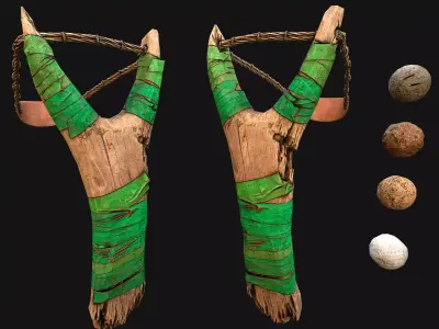 Medieval Wooden Slingshot  Weapon for Shooting Range Low-poly 3D model