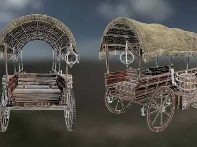 Medieval Horse Drawn Carriage Mid Poly 3D model