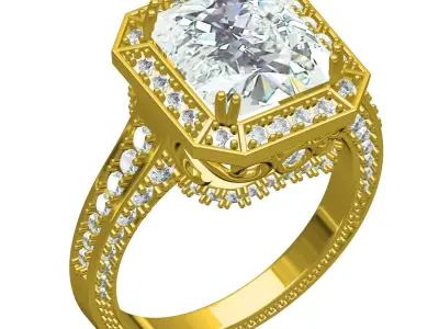 Antique Emerald Stone Round Diamond halo Filigree Ring 3D print model