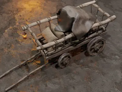 Stylized medieval cart with a lamp and a load Low-poly 3D model