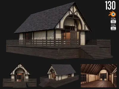 4 Old Medieval Houses Pack 4K Textures GameReady 129 to 132 Low-poly 3D model