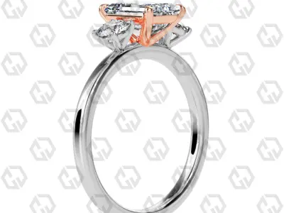 Ring 103 Emerald Shape 3 stone ring with round 3D print model