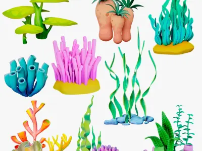 X9 Cartoon Coral Reefs And Seaweed Package 3D model