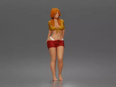 woman adjusting shorts standing barefoot in relaxed summer  3D print model
