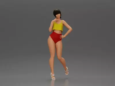 Striking a flirty pose wearing yellow crop top red bottoms 3D print model
