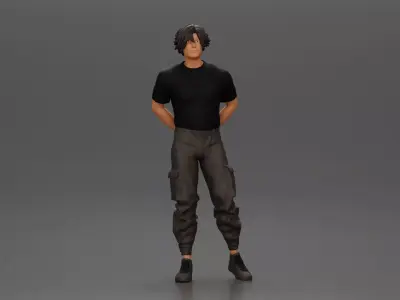 Man with messy hair wearing black shirt and cargo pants 3D print model